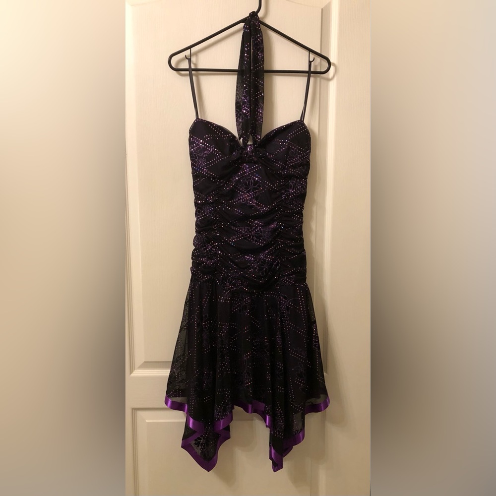 Deb Open Back Black and Purple Glitter Tie Dress